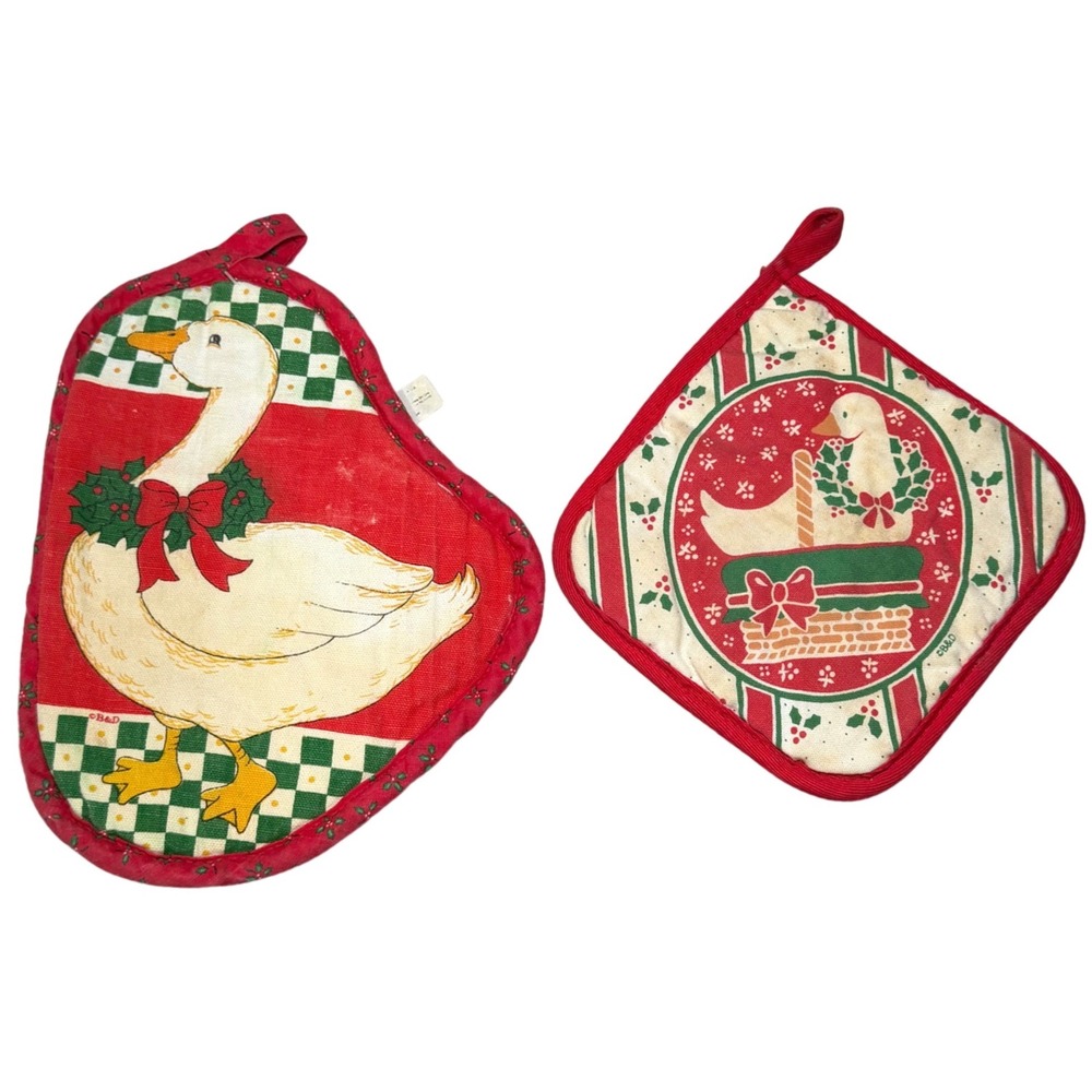 B & D 90s Country Christmas Goose Pot Holder Oven Mitts Cottagecore Ribbon Bow